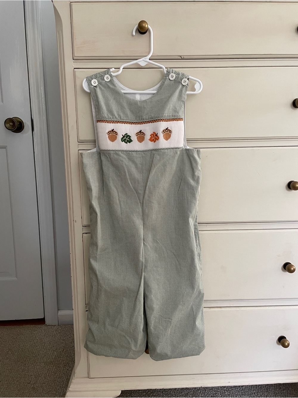 Green Gingham Kids' Smocked Longall with Acorn Detail